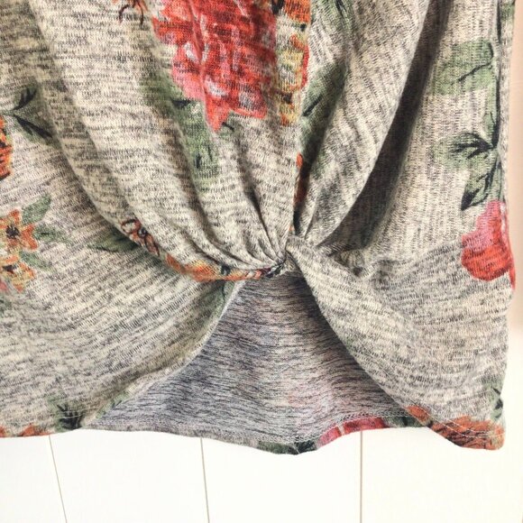 Pomelo Boutique Sweater size Small Gray marled Floral Print twist Knot front - Picture 3 of 6